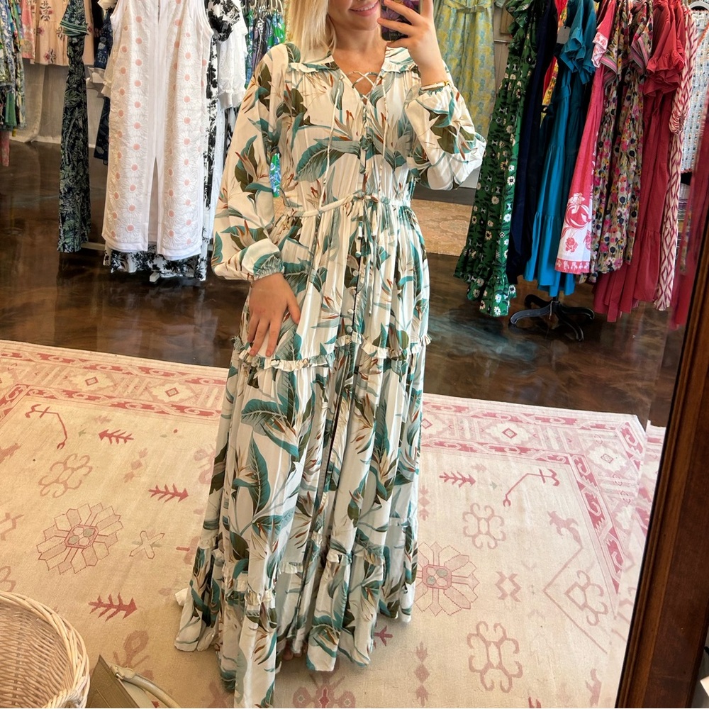 ELF Long Sleeve Maxi Dress in Ivory with Green Leaf Print